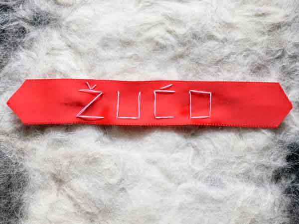 beautiful red ribbon with handmade dog name stitching