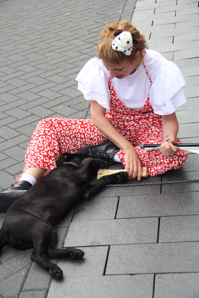 ladies playing with dog in street