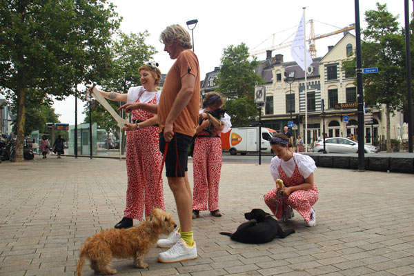 three ladies performing in street with dogs